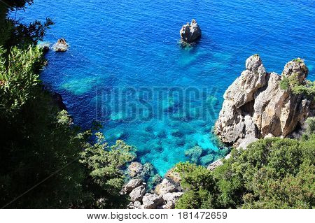 Sea view. Mountain view. Beautiful Paleokastritsa and ionian sea. Panorama of sea coast. Beauty in nature. Heart of Paleokastritsa