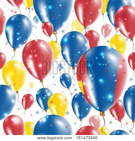 Mongolia Independence Day Seamless Pattern. Flying Rubber Balloons In Colors Of The Mongolian Flag.