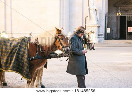 Austria, Salzburg, January 01, 2017: the Horse. Entertainment of tourists (horseback riding) in the Austrian city of Salzburg - hometown of Mozart. Vacation, holidays, attractions.