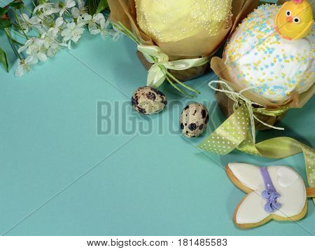 Happy Easter cake with chicken wrapped with ribbon. Spring flowers and eggs
