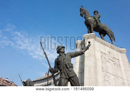 ANKARA, TURKEY - JANUARY 17, 2017: Statue of Victory in Ulus Square. Ulus, Ankara. The monument was inaugurated on 24 November 1927 and It was restored in 2002.