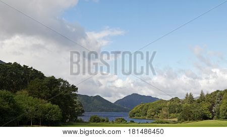 the picture shows a view to the muckross lake in ireland