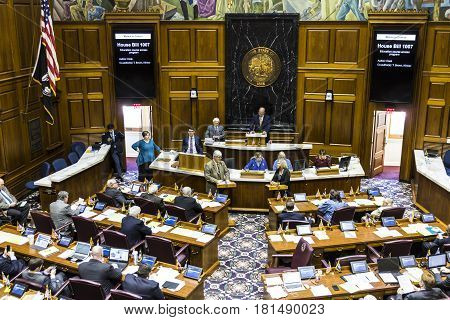Indianapolis - Circa April 2017: Indiana State House of Representatives in session making arguments for and against a Bill I