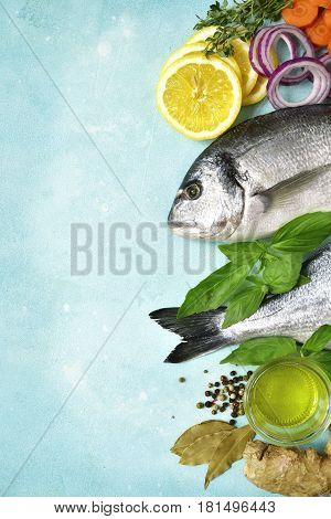 Uncooked Organic Dorado Or Sea Bream With Ingrediets For Making.top View With Copy Space.