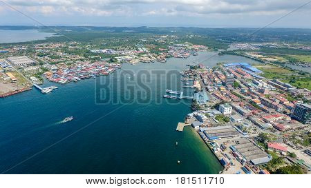 Aerial view of the Labuan Pearl of Borneo,Malaysia.Labuan is an international financial centre & Malaysia only deep water anchorage.
