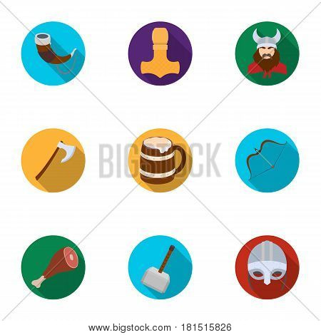 Ancient warriors of the Vikings on the ship. Outfit and symbols of the Vikings.Vikings icon in set collection on flat style vector symbol stock web illustration.