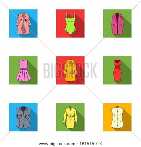 Collection of icons of womens clothing. Various women's clothes for work, walking, sports. Women clothing icon in set collection on flat style vector symbol stock web illustration.