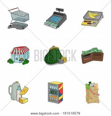Supermarket, shopping in the store. A selection of pictures on the topic of shopping.Supermarket icon in set collection on cartoon style vector symbol stock web illustration.