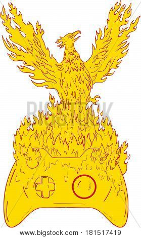 Drawing sketch style illustration of a phoenix looking to the side rising up from fiery flames wings raised for flight over game controller set on isolated white background.