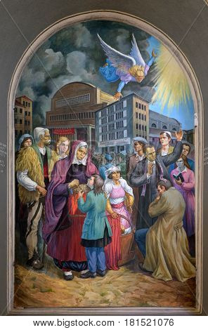 SHKODER, ALBANIA - SEPTEMBER 30: Frescoes that depict the persecution of religion in socialist Albania, St Stephen's Cathedral in Shkoder, Albania on September 30, 2016.