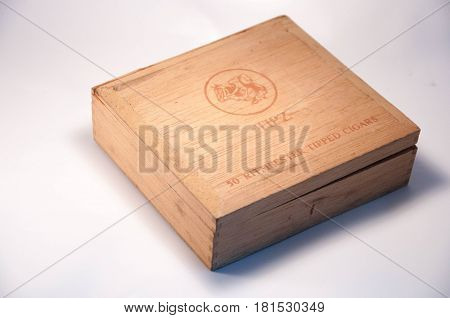 Thailand. April 09 2017 : An old cigar box. a wooden case of TIPZ's cigar of Holland. Vintage wooden cigar box of Holland. 09 April 2017.