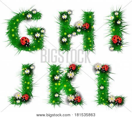 Green text from grass with letters G, H, I, J, K, L