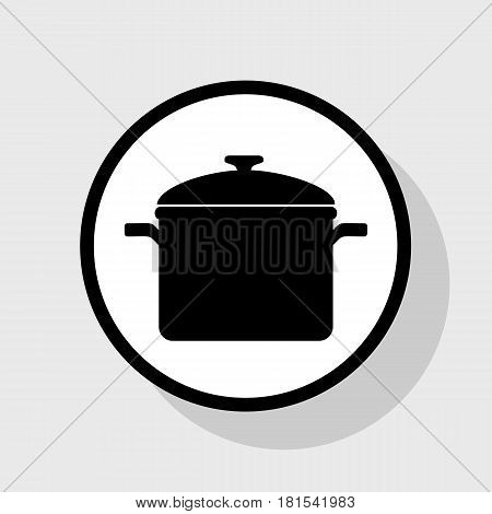Cooking pan sign. Vector. Flat black icon in white circle with shadow at gray background.