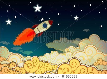 A cartoon rocket flies to the stars through the clouds
