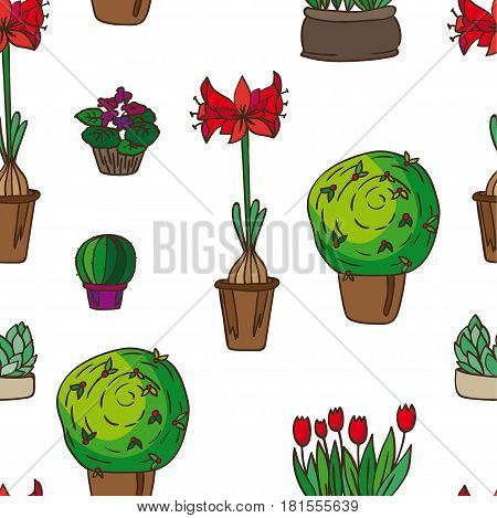 pattern of indoor plants. It contains violet, cactus and others in a box, a glass jar, jars, pots. White background. Painted in scribbles. Color version.