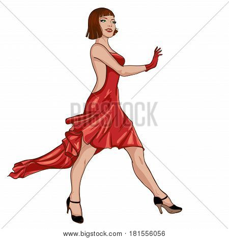 Young girl in red dress is walking and smiling
