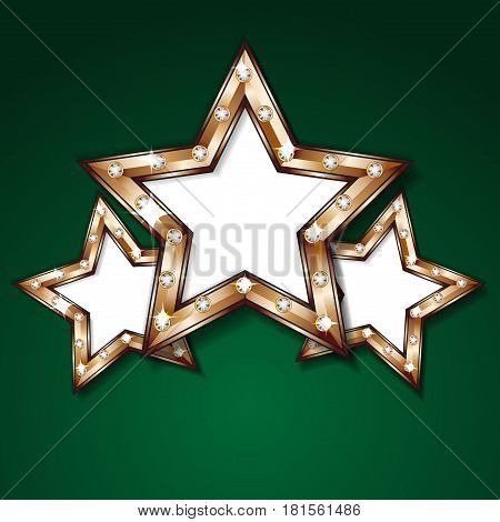 Template for decoration of gold stars on a green background