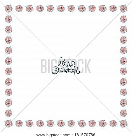 Vector floral frame with small pink flowers. Nature square hand drawn border on white background.