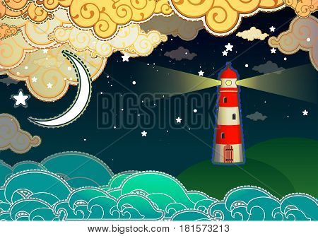 Cartoon beacon in the sea with clouds