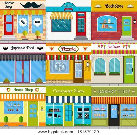 Set of different store fronts in flat style. Vector illustration of city public buildings square architecture. Collection of small business buildings facades design. Various food restaurants facades.