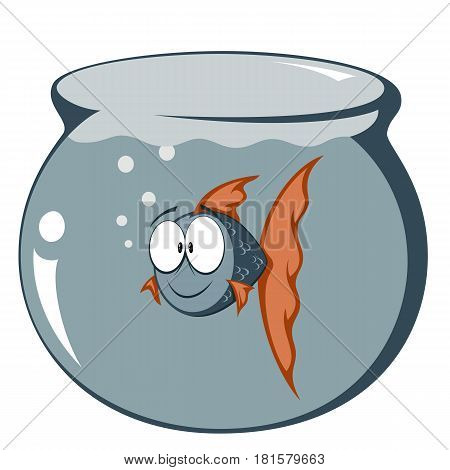 cartoon goldfish (blue and orange) smiling in a fish tank