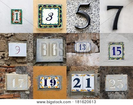 Collage of odd house numbers from 1 to 23