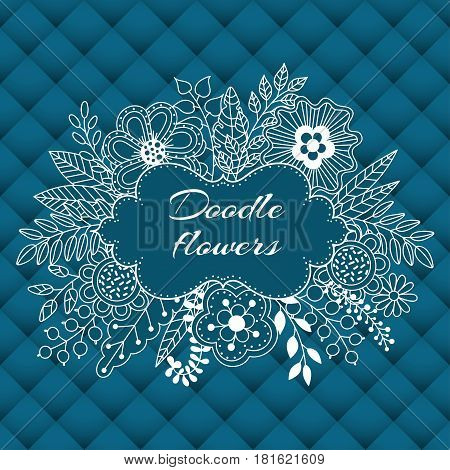Floral card design flowers and leaf doodle elements. Cute bouquet made of flowers and leaves. Vector decorative invitation with volumetric leather background. Use for card greeting invitation wedding party hen-party mother's day valentine