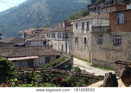 BERAT, ALBANIA - OCTOBER 01, 2016: Traditional ottoman houses in old town Berat known as the White City of Albania on October 01, 2016.