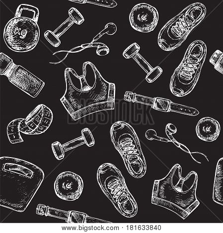 hand drawn sketch illustration seamless pattern with fitness items