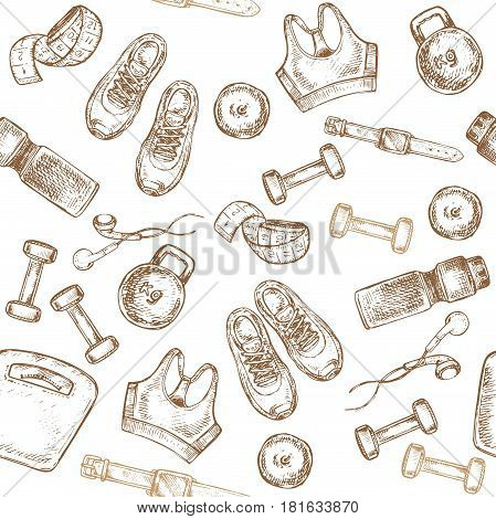 seamless pattern with sport items hand drawn sketch illustration