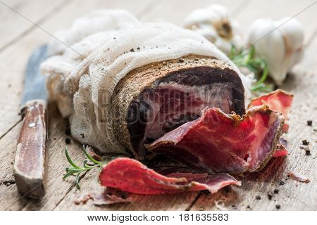 jerked beef on wooden plate