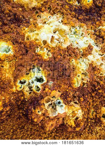 Mineral formations at sulphur lake Dallol in a volcanic crater in the Danakil Depression northeast of the Erta Ale Range in Ethiopia. The lake with its sulphur springs is the hottest place on Earth.