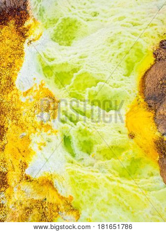 Mineral formations at sulphur lake Dallol in a volcanic crater in the Danakil Depression northeast of the Erta Ale Range in Ethiopia. The lake with its sulphur springs is the hottest place on Earth.