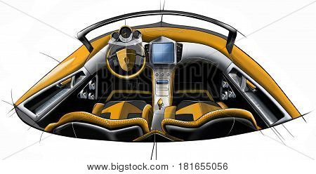 Sketch design of the modern conceptual interior of a sports coupe car. Drawing by hand. Illustration.