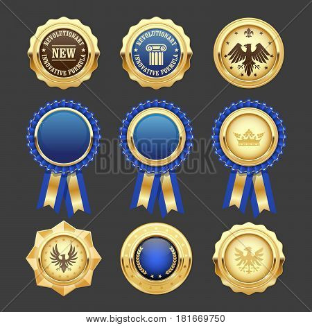 Blue award rosettes insignia and heraldic medals