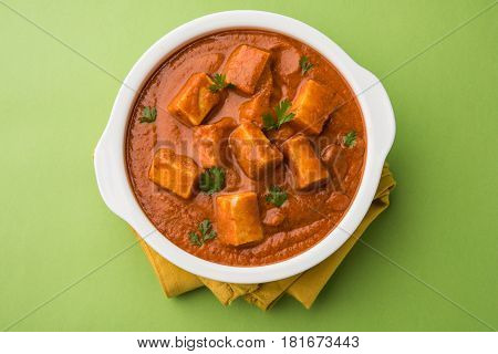 paneer butter masala or cheese cottage curry, popular indian lunch/dinner menu in weddings or parties, selective focus