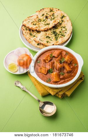 paneer butter masala or cheese cottage curry, popular indian lunch/dinner menu in weddings or parties, selective focus