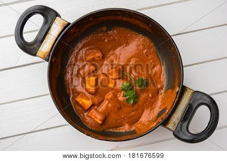 paneer butter masala or cheese cottage curry, popular indian lunch/dinner menu in weddings or parties, selective focus