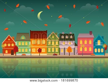 Autumn cityscape at night. Urban landscape in the fall with reflection in the water. EPS10 vector illustration in flat style.
