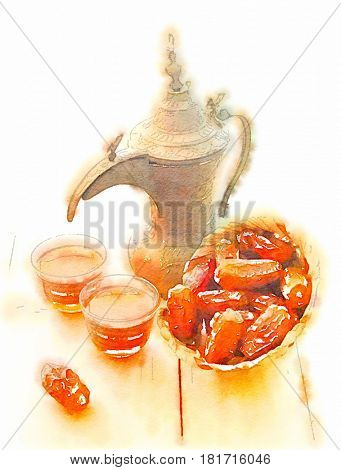 Arabic coffee pot, and dates. Hand painted drawing in water-color. Kahva Dallah and date still life drawing