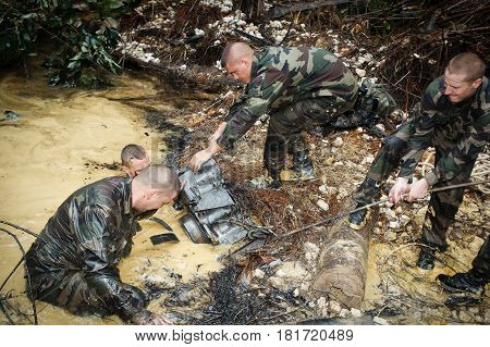 French Guiana, - circa, 2011. Legionaries-infantrymen of the 3rd foreign infantry regiment of the French foreign legion during the operation Orpailleur