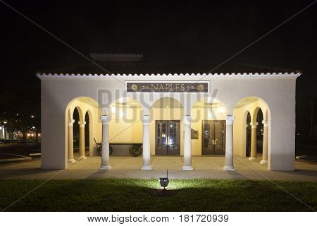 Naples Fl USA - March 21 2017: The Naples depot and train museum illuminated at night. Florida United States