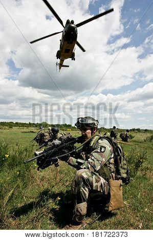 France, the training center of a foreign legion - circa, 2011. Legionnaires of the French Foreign Legion during training before a combat mission in Afghanistan.