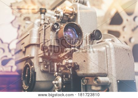 Retro style vintage metal film projector, movie equipment of last century
