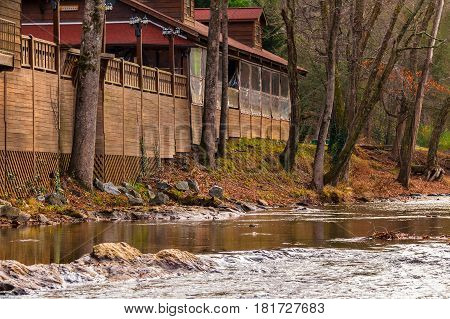 View of the Chattahoochee river and part of the café on its shore Helen USA