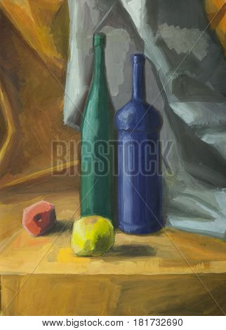 Hand painting still life with bottles on drapery. Gouache on paper
