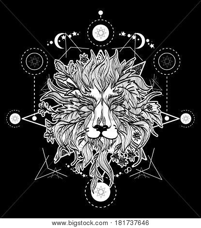 Ornamental Tattoo Lion Head. Mystic Lion sketch tattoo art