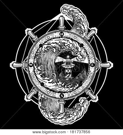 Steering wheel ship tatto art sea tattoo and t-shirt design. Lighthouse storm. Decorative lighthouse. Searchlight tower for maritime navigational guidance tattoo. Ocean wave storm art
