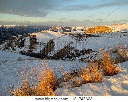 Russia Caucasia. Orange dry grass and snow on mountain and blue sky background horizontal view