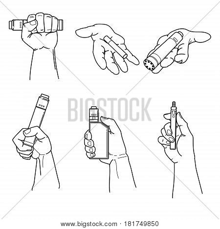 Set of hands holding cape devices and cigarette. Mechanical mods, rdta, rta and starter devices. EPS10